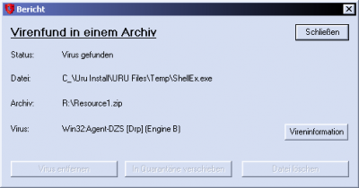 Details zum Virusfund. Virusinfo schickt nach http://www.antiviruslab.com/search.php?v1=Win32:Agent-DZS%20[Drp]